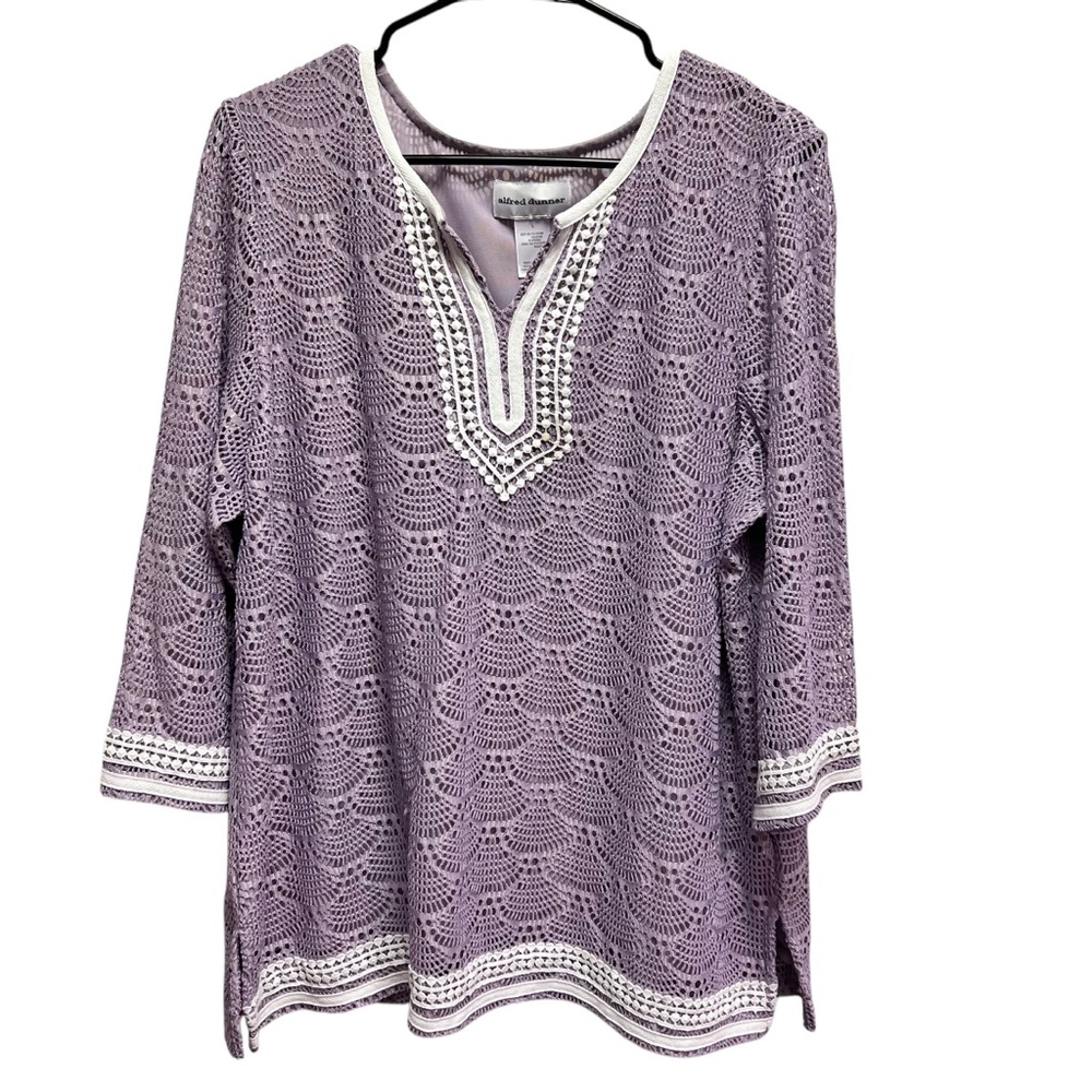 Alfred Dunner Women's Purple Lace Tunic Top V-Neck 3/4 Sleeve L
